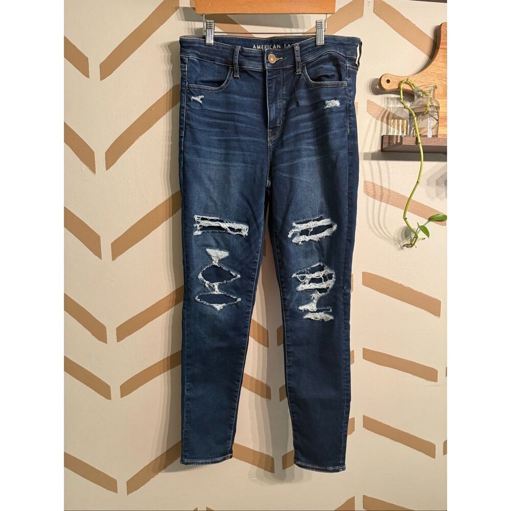American Eagle Blue Denim Next Level Stretch Distressed Skinny Jeans Size 12